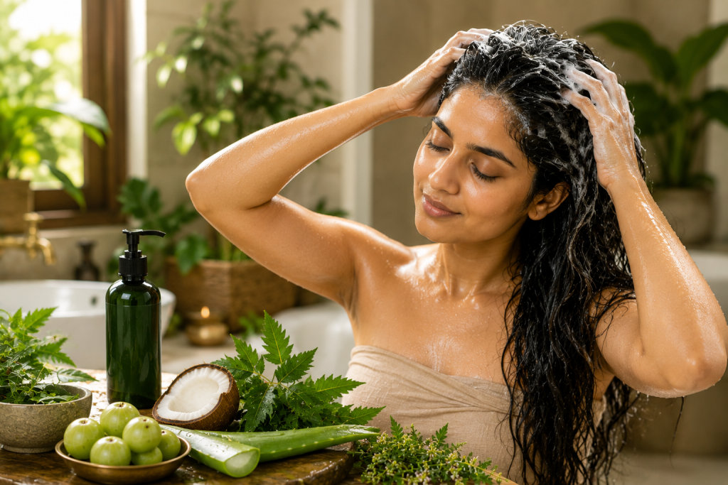 Nandikesam Herbal Shampoo with neem tulsi amla and aloe vera