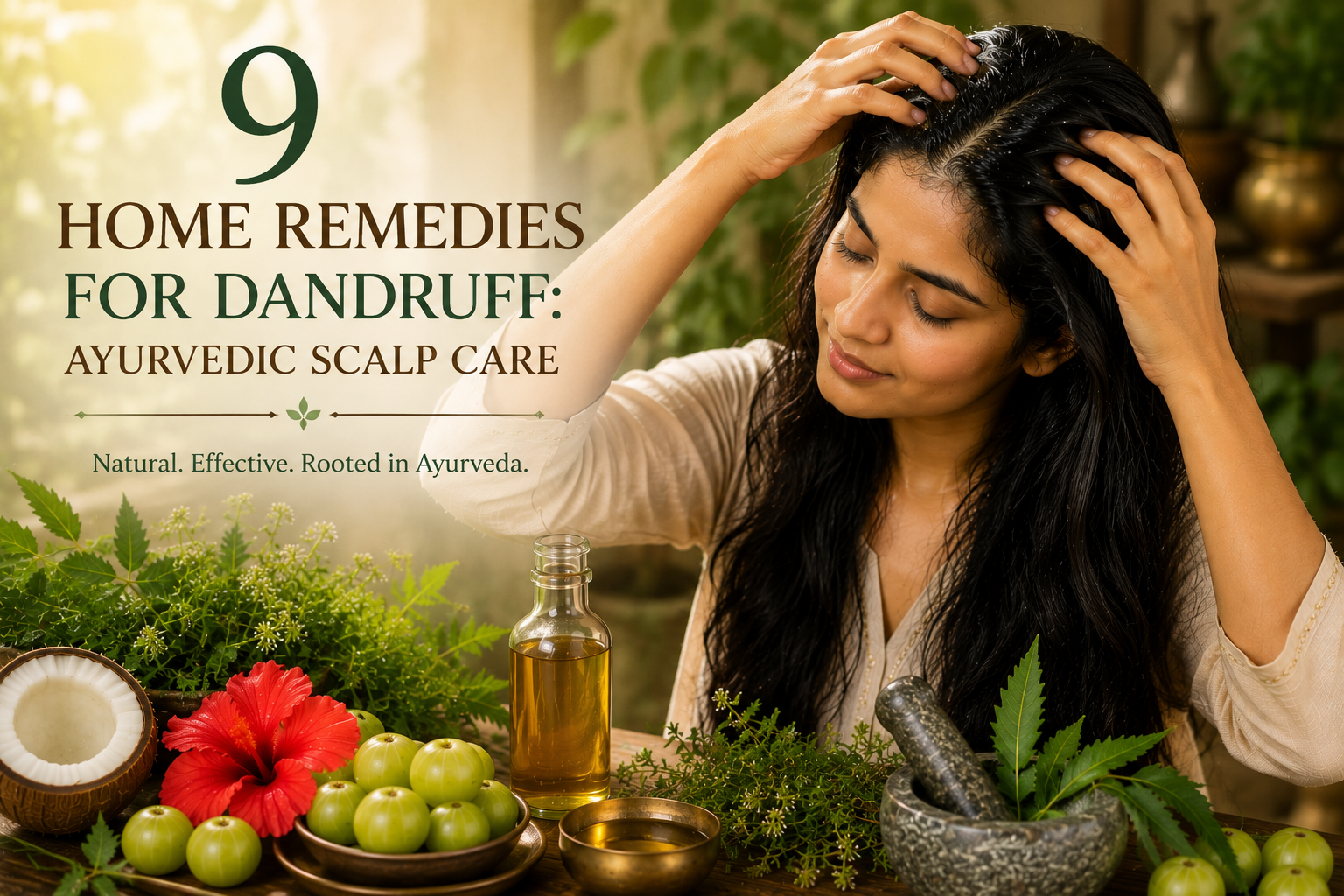 Ayurvedic remedies for dandruff with herbal hair oil and natural ingredients