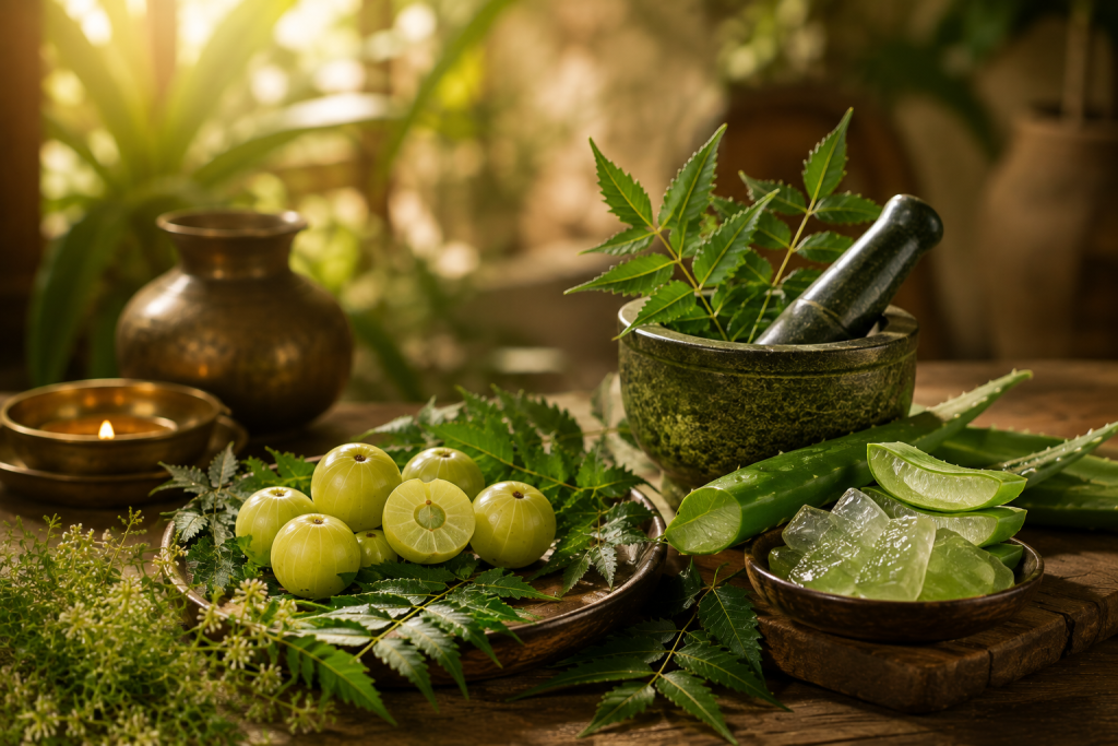 Neem aloe vera and amla for Ayurvedic hair care and scalp care