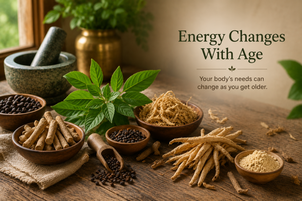 Raw Ayurvedic herbal roots, powders, black pepper, and a mortar and pestle arranged on a wooden table to represent natural vitality support for men as they age.