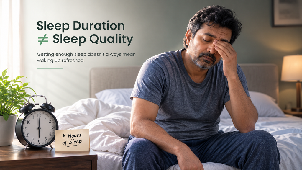 Exhausted man over 40 holding his face in fatigue while sitting on the edge of his bed next to a digital nightstand clock showing 7:30 AM.