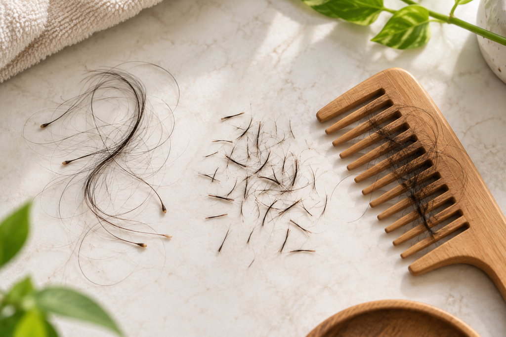 Long shed hair strands and short broken hair strands beside a wide-tooth comb