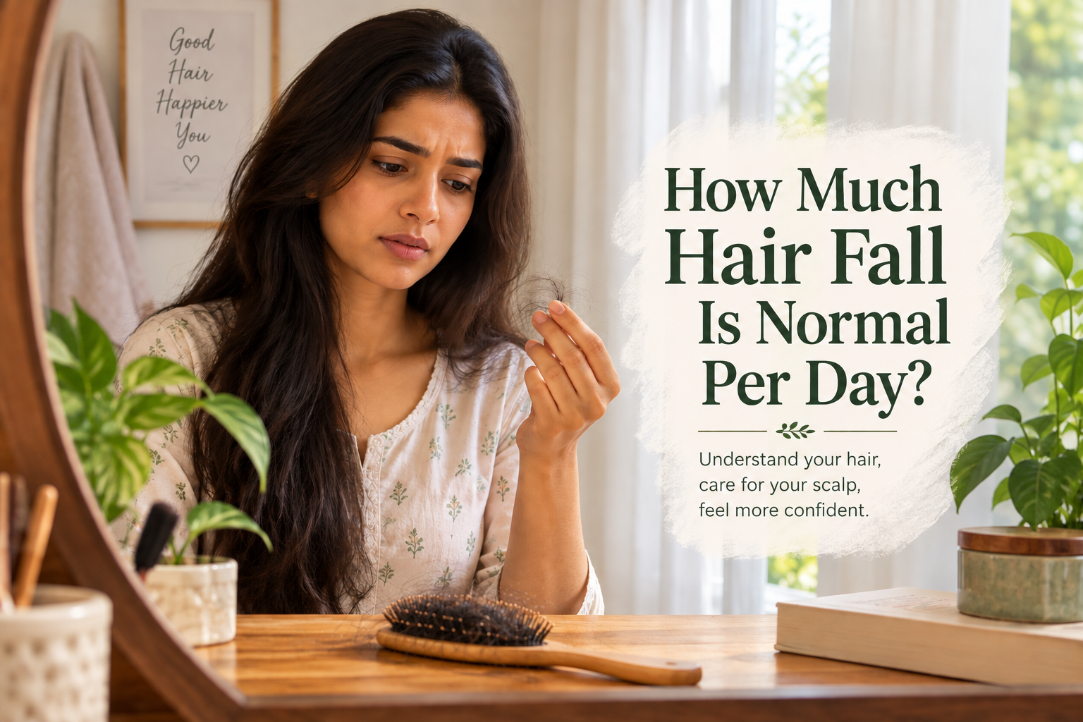 Woman checking hair fall while looking at loose hair strands