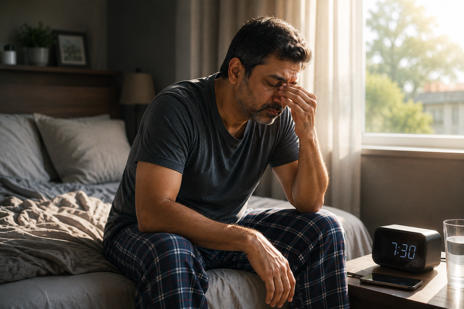 Tired middle-aged man rubbing his eyes while sitting on the bed next to an alarm clock and a note reading "8 Hours of Sleep", illustrating that sleep duration does not guarantee sleep quality.
