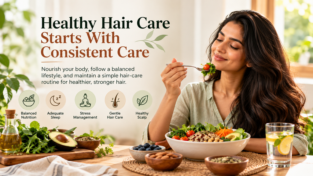 Woman enjoying a nutritious meal as part of a healthy hair-care and lifestyle routine