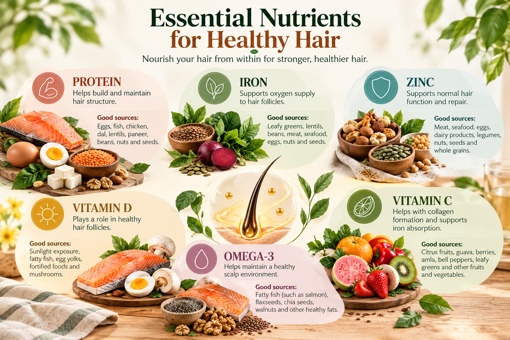 Illustration showing how nutrients from a balanced diet support hair follicles and healthy hair