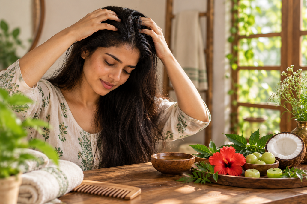 Woman gently massaging her scalp as part of a natural hair care routine