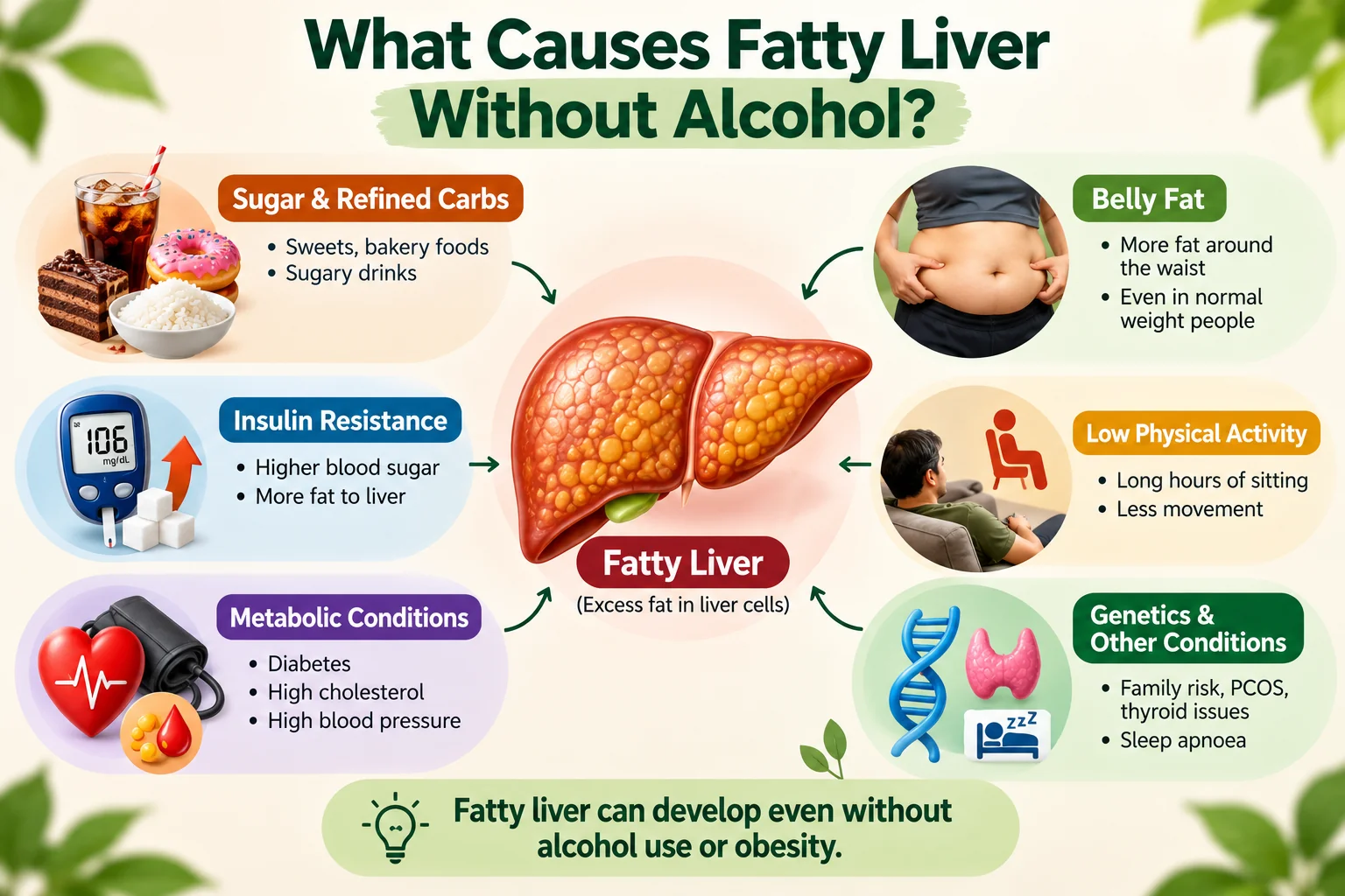 Common causes of fatty liver without alcohol, including excess sugar, insulin resistance, belly fat, physical inactivity, metabolic conditions and genetics.