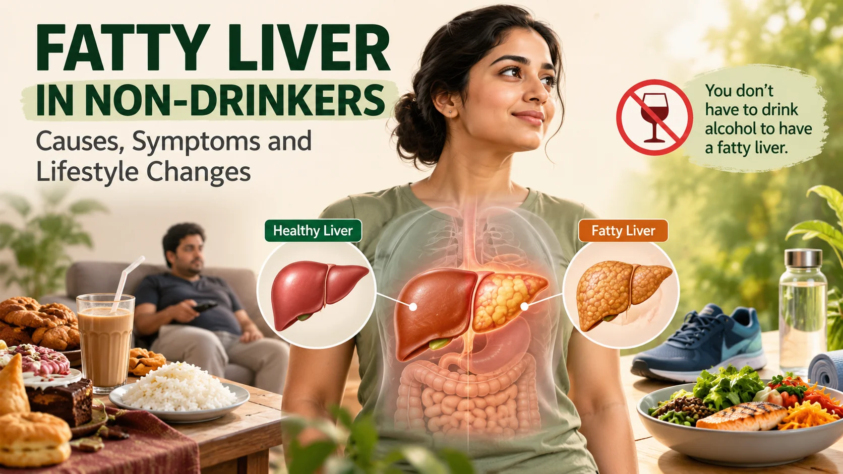 Fatty liver in non-drinkers, showing the difference between a healthy liver and a fatty liver, with lifestyle and dietary risk factors.