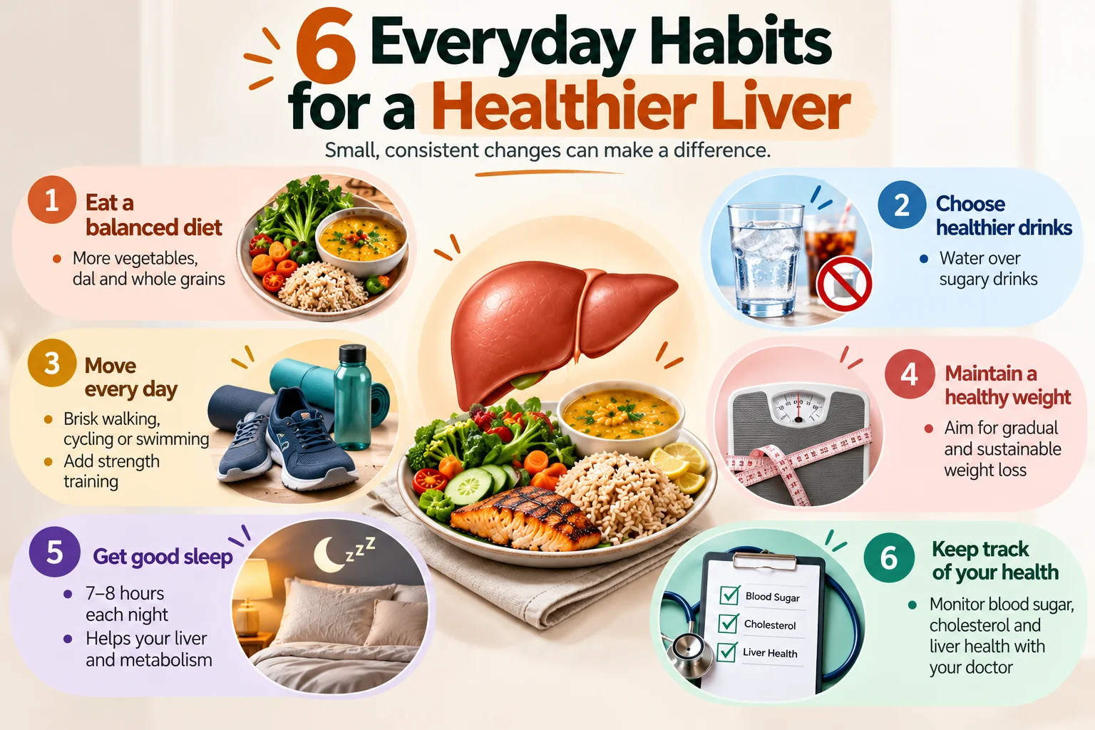 Six habits for better liver health, including a balanced diet, drinking water, regular exercise, gradual weight management, quality sleep and health monitoring.